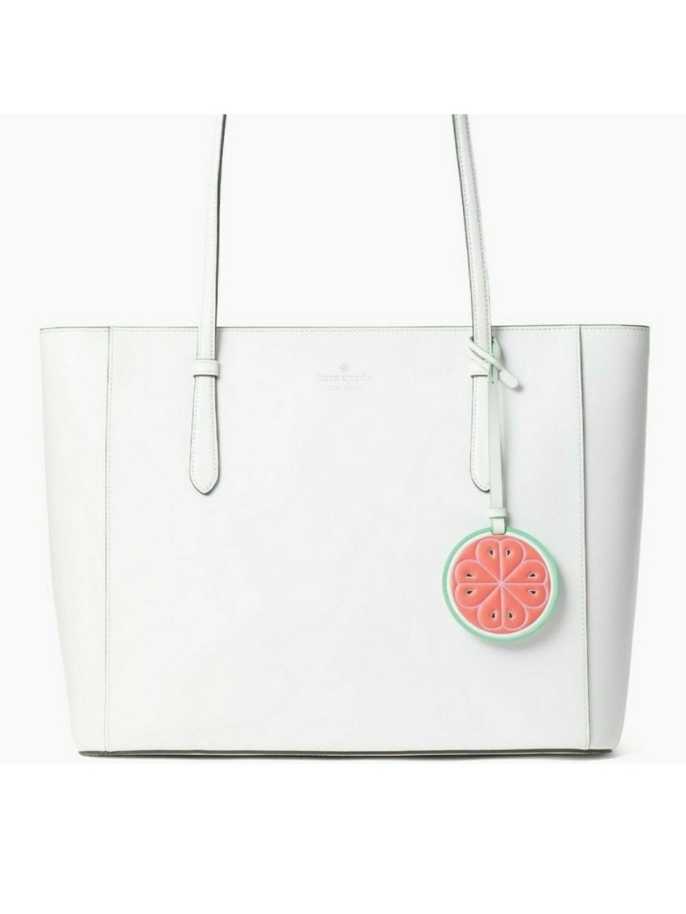 kate spade White Leather Tote with Pink Citrus Charm